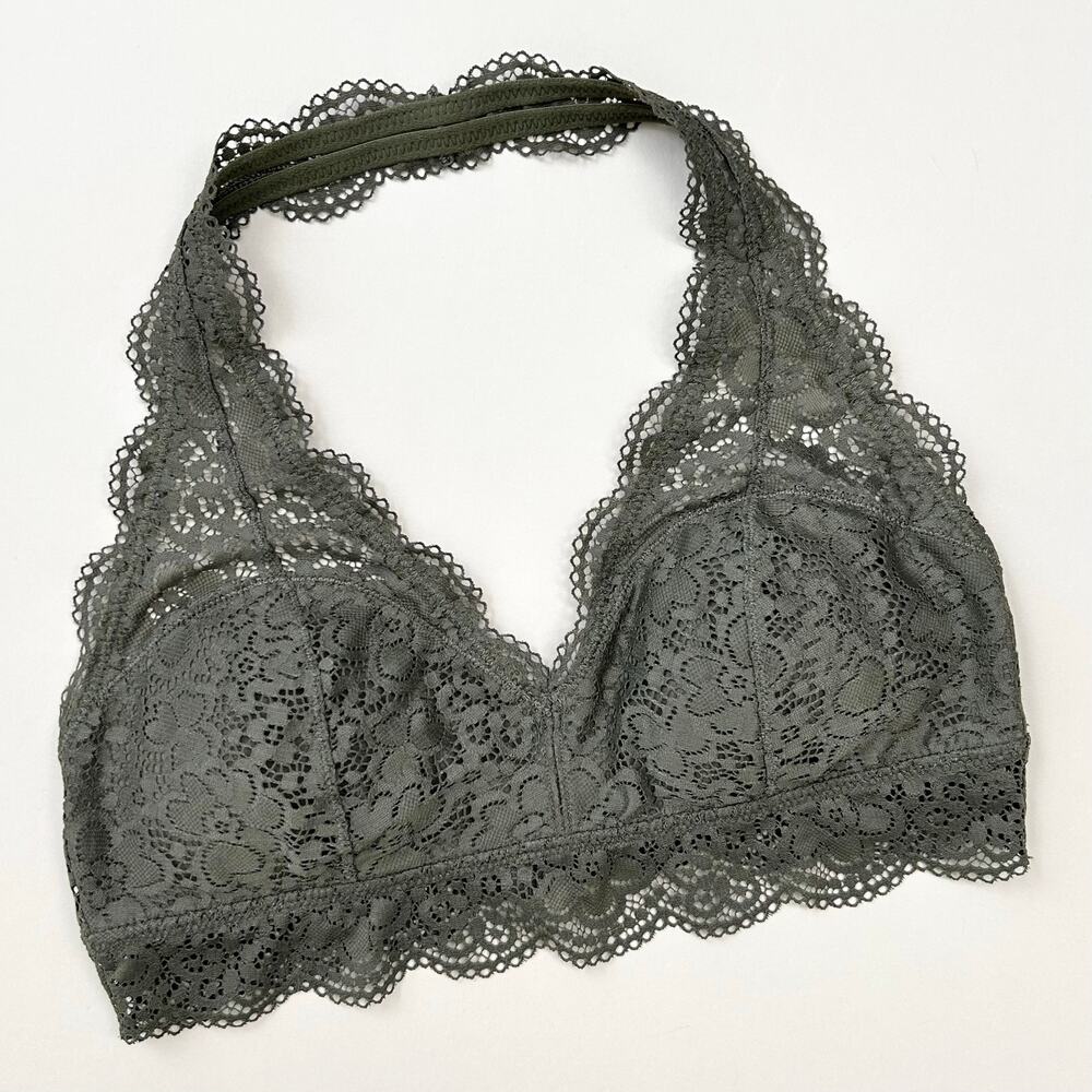 Aerie Olive Green Padded Sheer Lace Cotton Lined Halter Bralette SIZE LARGE